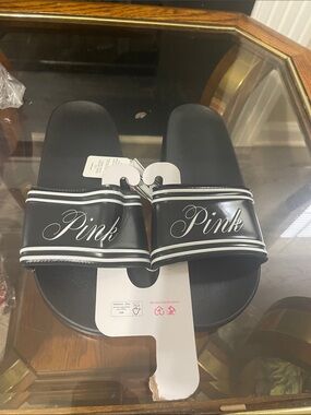 PINK Victoria's Secret Black Slide Sandals with White Script